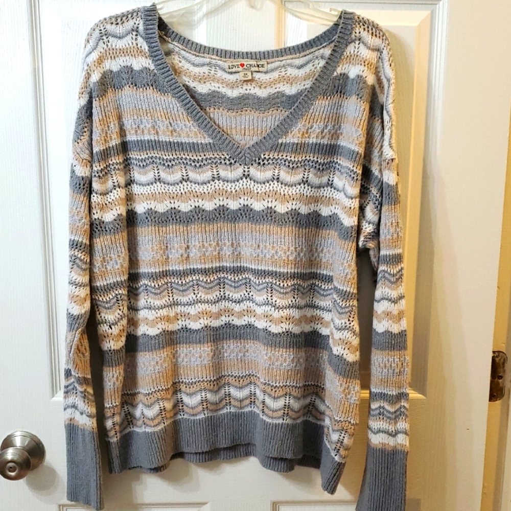 Love ❤ Change Women's Gray and Cream Striped Sweater 2X